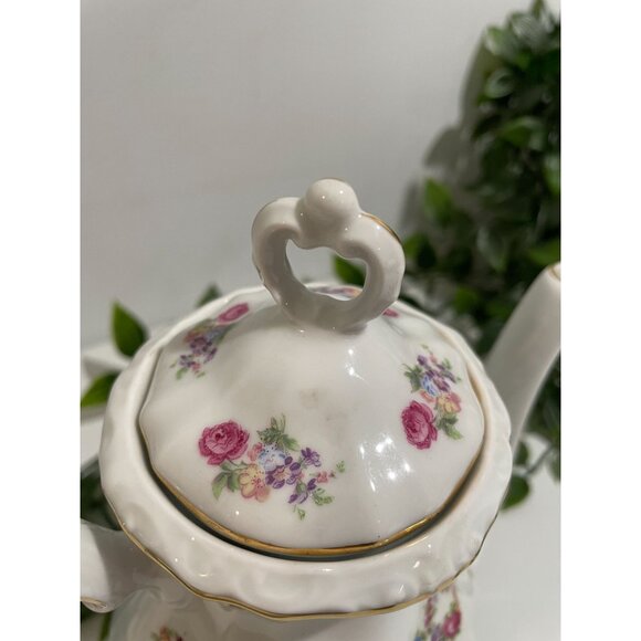 Vintage Bavarian Porcelain Teapot With Floral Design & Gold Accents - Picture 2 of 11